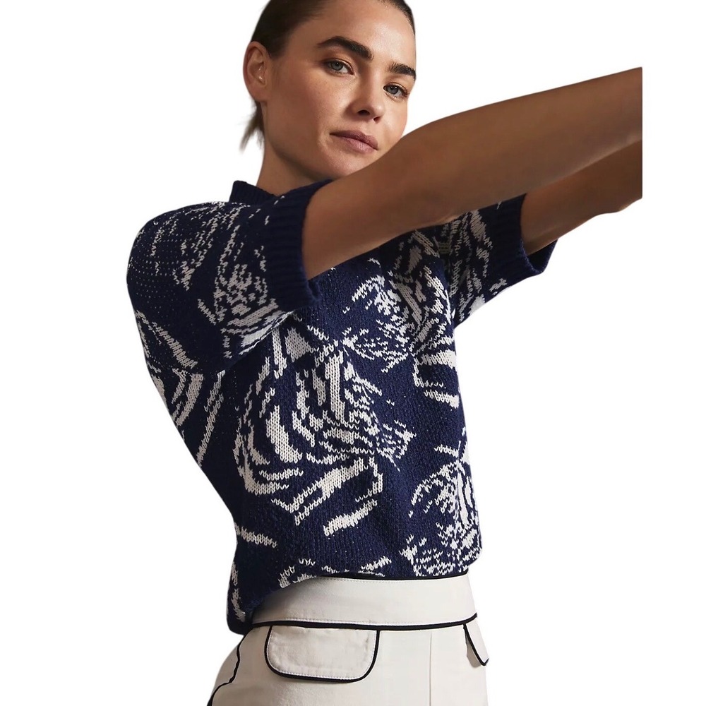NWT Anthropologie Maeve Blue White Floral Short Sleeve Mock Neck Sweater Small